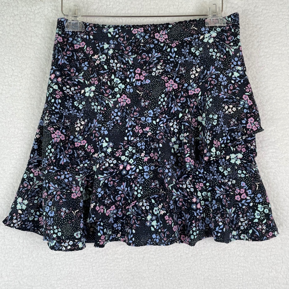 Altard State Womens Floral Ruffle Tiered Mini Skirt Black Pink Blue Size Medium